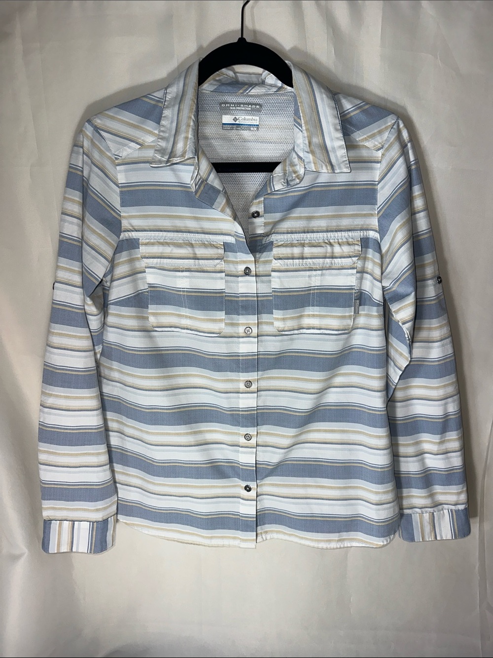 Columbia Blue, White & Tan Striped Button-Up Shirt